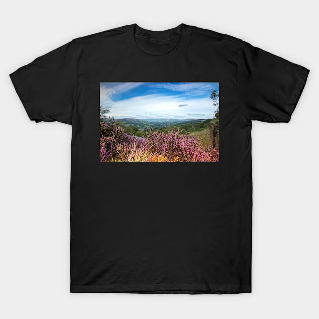 Purple heather overlooking the Hope valley, Derbyshire, UK T-Shirt by Itsgrimupnorth